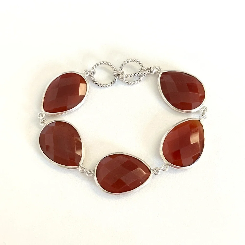 925 Sterling Silver Genuine Carnelian Faceted Teardrop Chain Link Bracelet 7